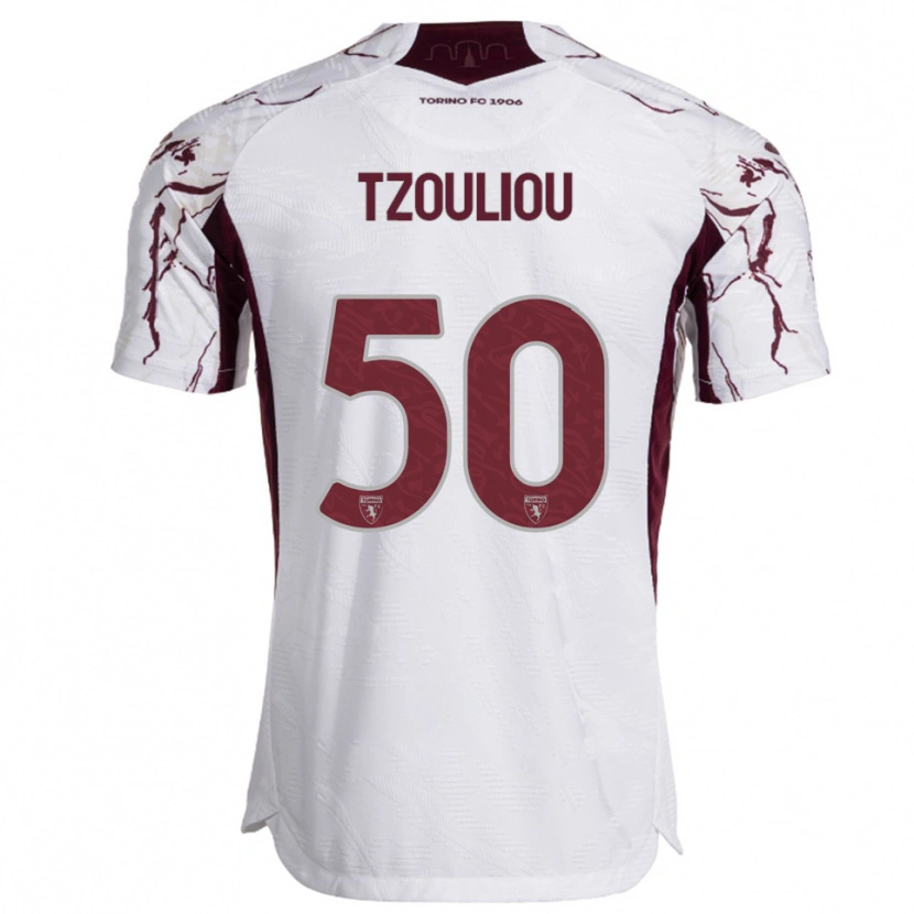 Danxen Męski Dimitrianos Tzouliou #50 Biały Burgundowy Wyjazdowa Koszulka 2025/26 Koszulki Klubowe