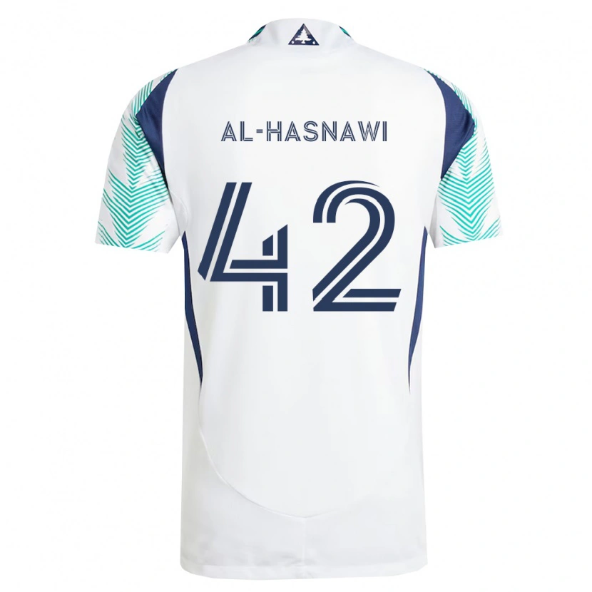 Danxen Dzieci Moshtaba Al-Hasnawi #42 Biały Granatowy Jasnozielony Wyjazdowa Koszulka 2026/27 Koszulki Klubowe