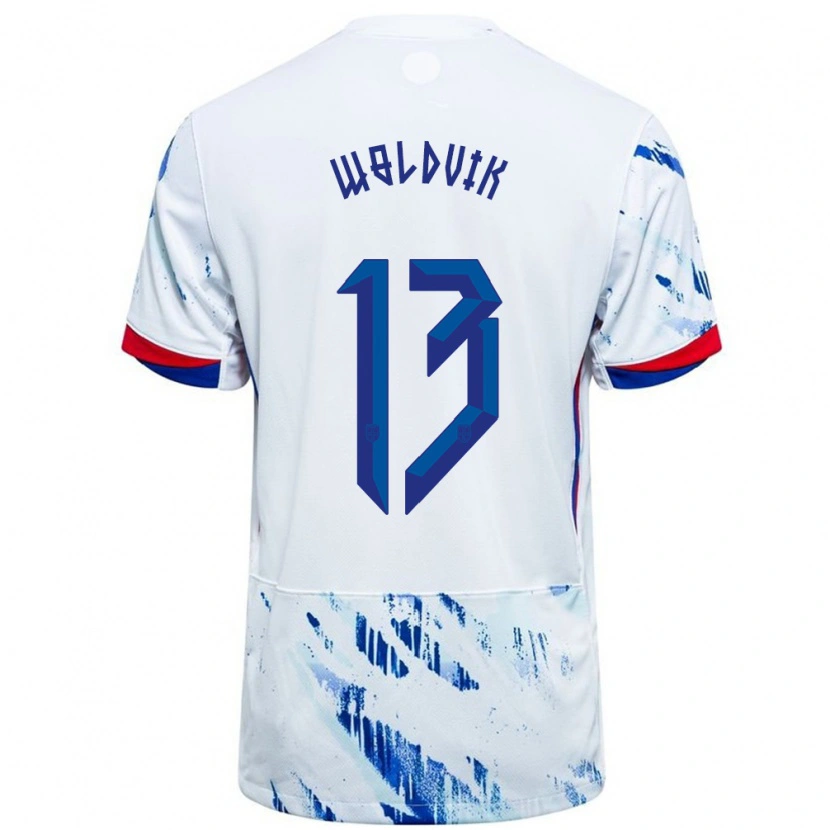Danxen Męski Norwegia Emilie Woldvik #13 Biały Niebieski Wyjazdowa Koszulka 24-26 Koszulki Klubowe