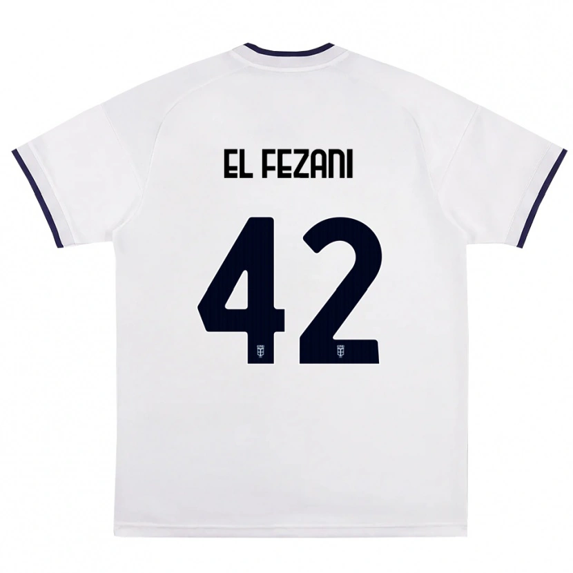 Danxen Dzieci Mohamed El Fezani #42 Biały Czerwony Królewski Niebieski Wyjazdowa Koszulka 2026/27 Koszulki Klubowe