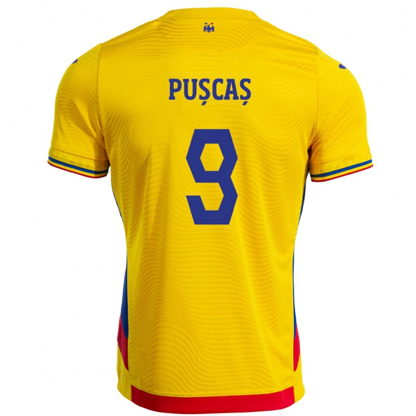 Danxen Męski Rumunia George Pușcaș #9 Żółty Domowa Koszulka 24-26 Koszulki Klubowe