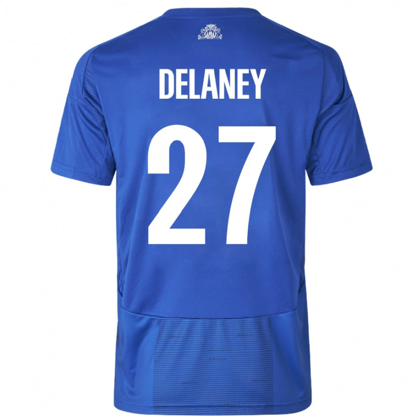 Danxen Męski Thomas Delaney #27 Biały Niebieski Wyjazdowa Koszulka 2024/25 Koszulki Klubowe